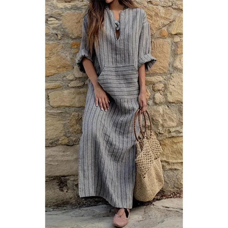 2023 Summer New Solid Color Fashion Simple Loose V-neck Split Long Skirt Loose Cotton Linen Long Sleeve Dress Plus Size