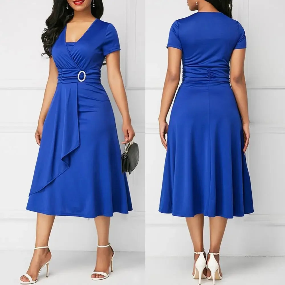 Robe de soirée mi-longue pour femmes, élégante, couleur unie, manches courtes, col en V, ourlet asymétrique, taille serrée, dames