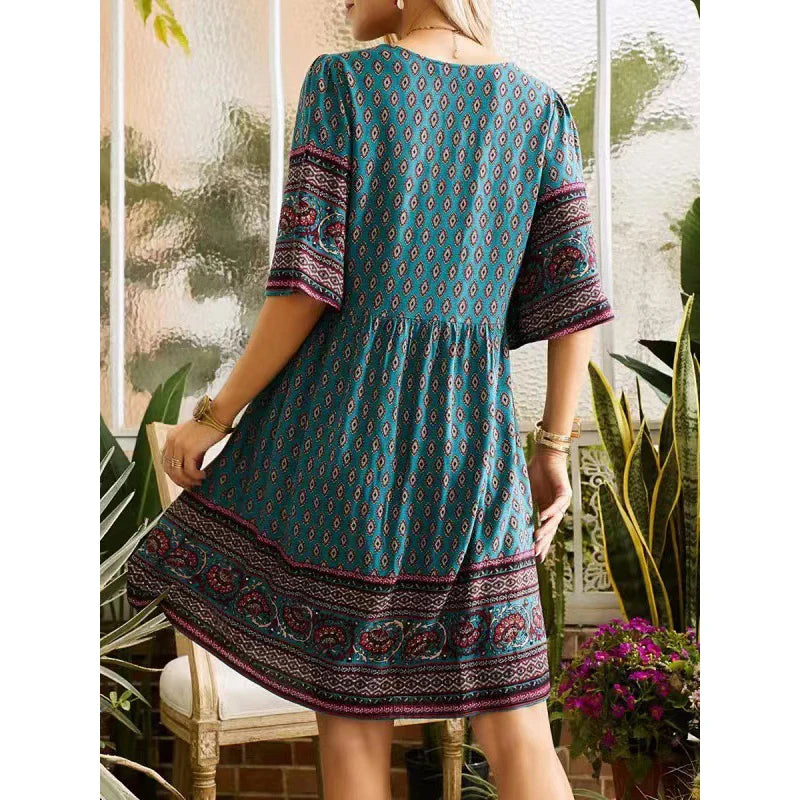 Women Vintage Boho Ethnic Style Print Loose Holiday Beach Midi Dress Summer V Neck Short Sleeve High Waist Elegant Party Dresses