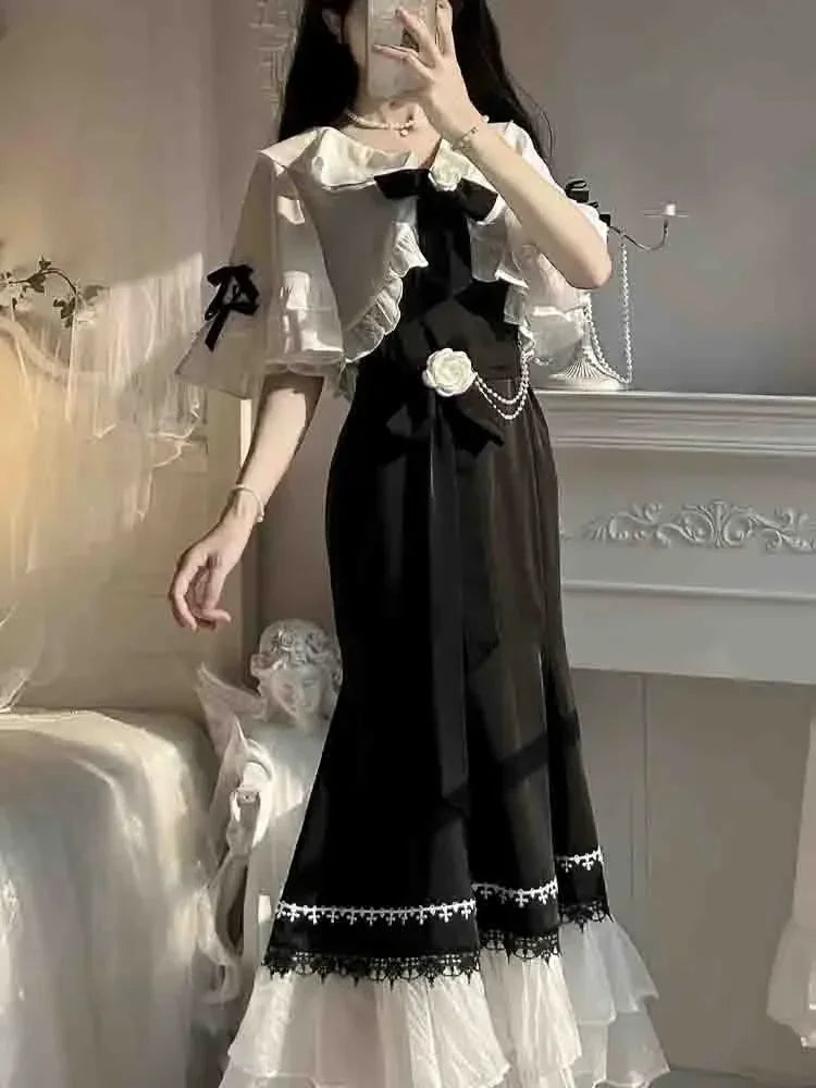 Robe sirène féerique française Vintage pour femmes, en dentelle, tenue de princesse coréenne à bretelles, tenue mi-longue, douce, Lolita, printemps, 2023