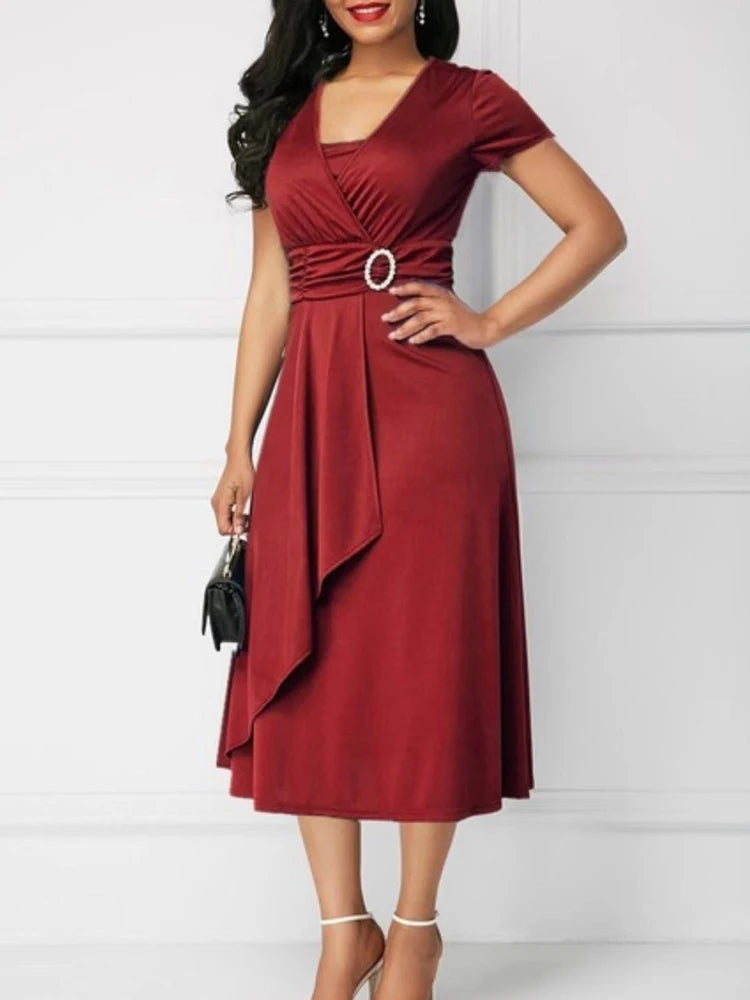 Robe d'été élégante pour femmes, couleur unie, manches courtes, col en V, ourlet asymétrique, taille serrée, robe de soirée mi-longue pour dames