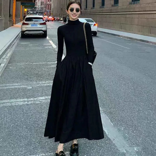 Vestido de otoño estilo Hepburn para mujer, vestido Midi negro elegante de cintura alta, vestido de corte A de manga larga con cuello medio alto coreano