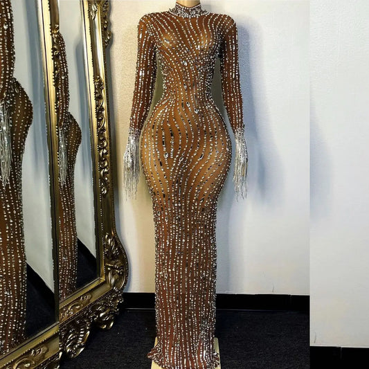 Robe longue transparente argentée scintillante avec gros strass, Costume luxueux de soirée d'anniversaire, robe clignotante de danseuse