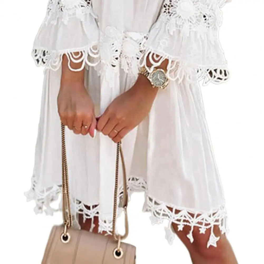 Hollow Out Flower Applique Star Summer Dress 2023 Lace Off Shoulder Trumpet Sleeve Solid Color Women Midi Dress