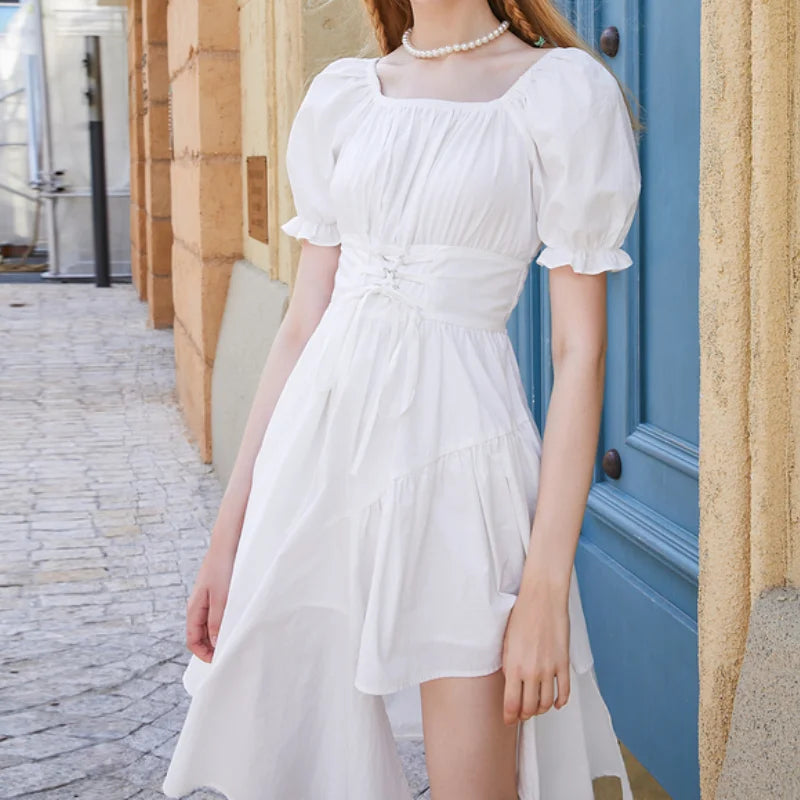 HOUZHOU Women's White Dress Summer Elegant Vintage Kawaii Puff Sleeve Midi Dress Square Collar Bandage Sundress Goth Outfits