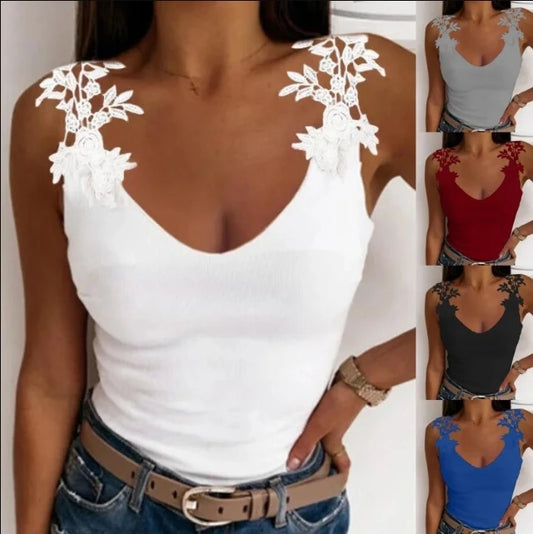 Summer New Women T-Shirt Fashion Lace Print Solid Causal Loose V-Neck Sleeveless Tank Top Slim Fit Sexy Female Top