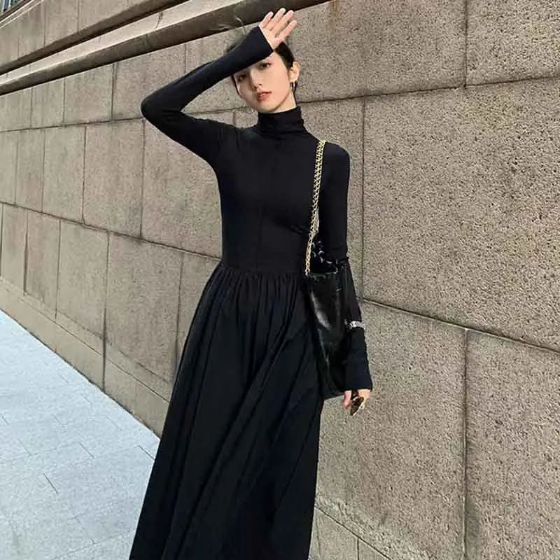 Autumn Hepburn Style Women Dress High Waist Elegant Black Midi Dress Fashion Korean Half High Collar Long Sleeve A Line Dress