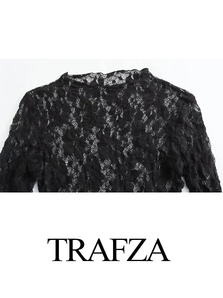 TRAFZA – costumes d'été en dentelle pour femmes, tendance, manches longues, body Slim ajouré + Leggings longs à taille élastique, 2023