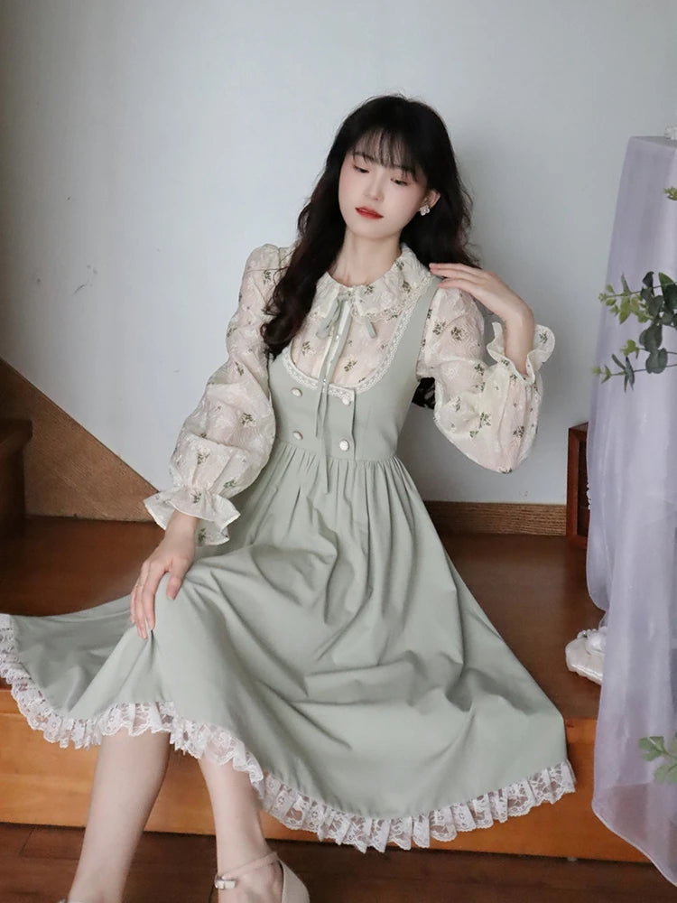 Robe de soirée en dentelle pour femmes, verte, élégante, Vintage, à bretelles, mi-longue, rétro coréen, douce, fée Kawaii, printemps, 2023