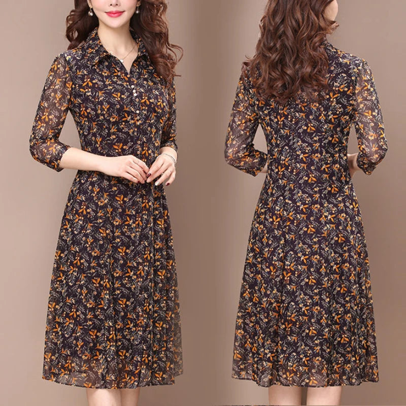 Robe à manches longues femmes imprimé fleuri élégant col rabattu été femme vêtements mince tout-match décontracté bouton Robe mi-longue Robe