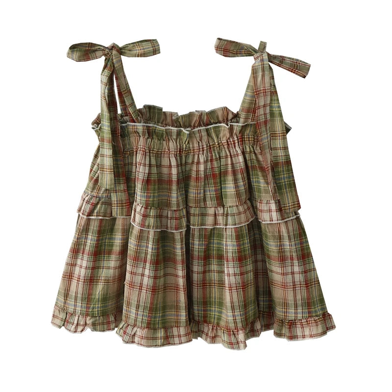 Girly Y2k Haut Court Fait Maison D'été Nouveau Japon Style Vintage Doux Épicé Champignon Bord À Lacets Vert Plaid Sangle Débardeur pour les Femmes