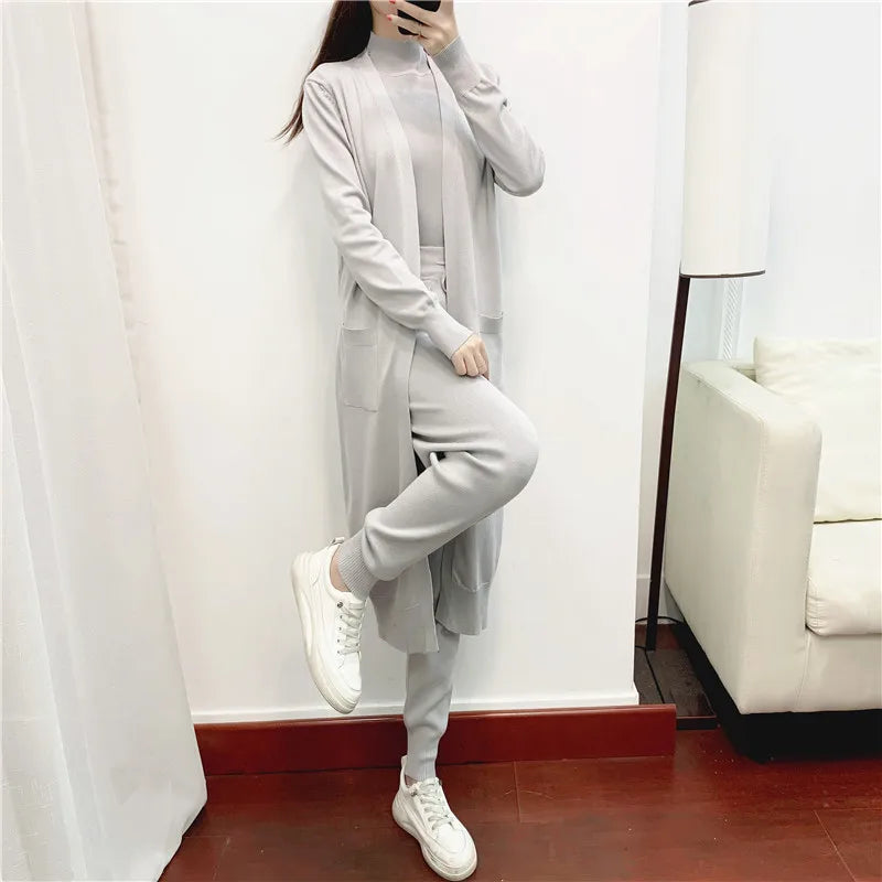 Fashion Women Sweater 3 Piece Set Tracksuit 2023 Autumn Long Cardigan Coat + Half Turtleneck Vest + Pants Knitted Suits Outfits