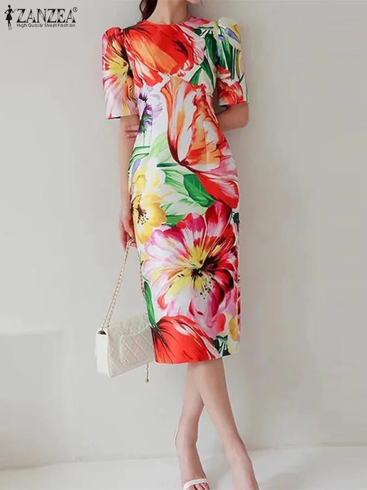 Bohemian Women Floral Printed Sexy Dresses ZANZEA 2023 Summer Slim Party Sundress Short Puff Sleeve Waisted Holiday Midi Robe