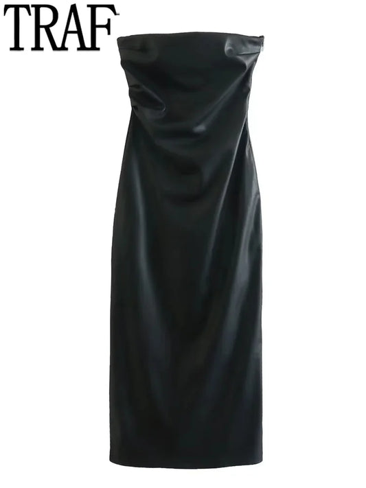 TRAF-vestido negro de piel sintética para mujer, vestidos largos ajustados con hombros descubiertos para mujer, vestido Sexy sin espalda, vestidos de fiesta por debajo de la rodilla 2023