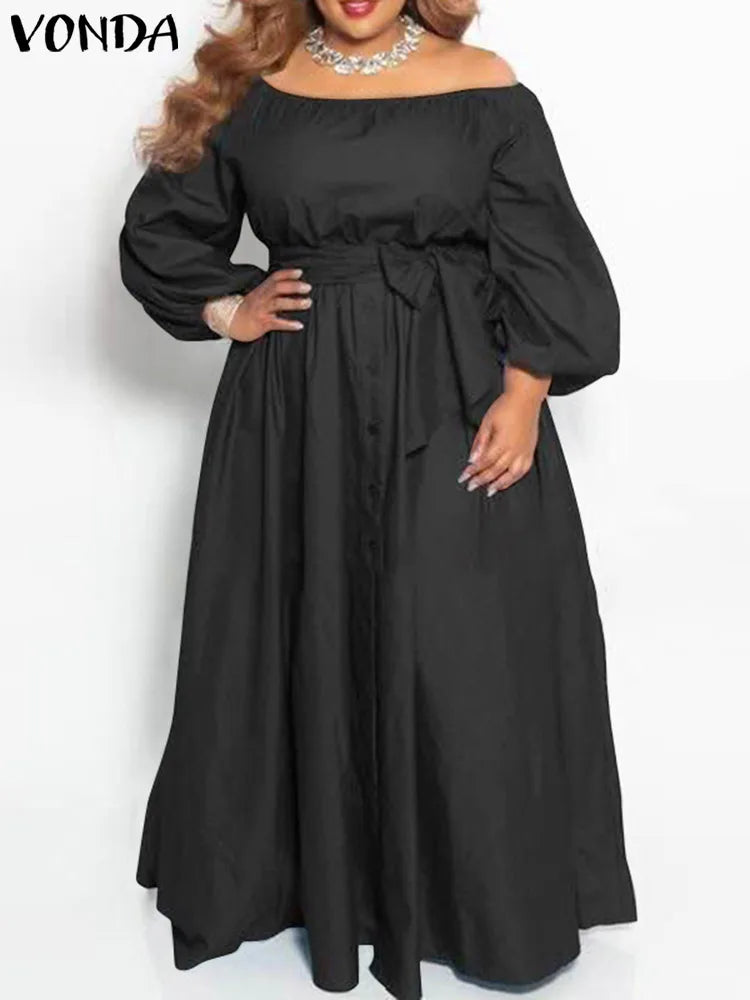 Plus Size VONDA 2024 Women Dress Autumn Long Maxi Sundress Casual Solid Elegant Off Shoulder Bohemian Party Vestido Belted