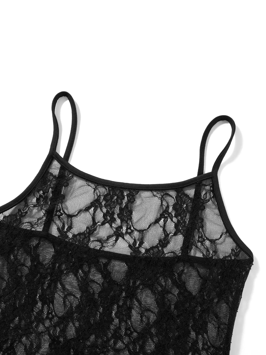 Robe mi-longue transparente à bretelles Spaghetti pour femmes, noire, Sexy, maille transparente, dentelle, robes florales, Chic, Y2K, tenues de plage