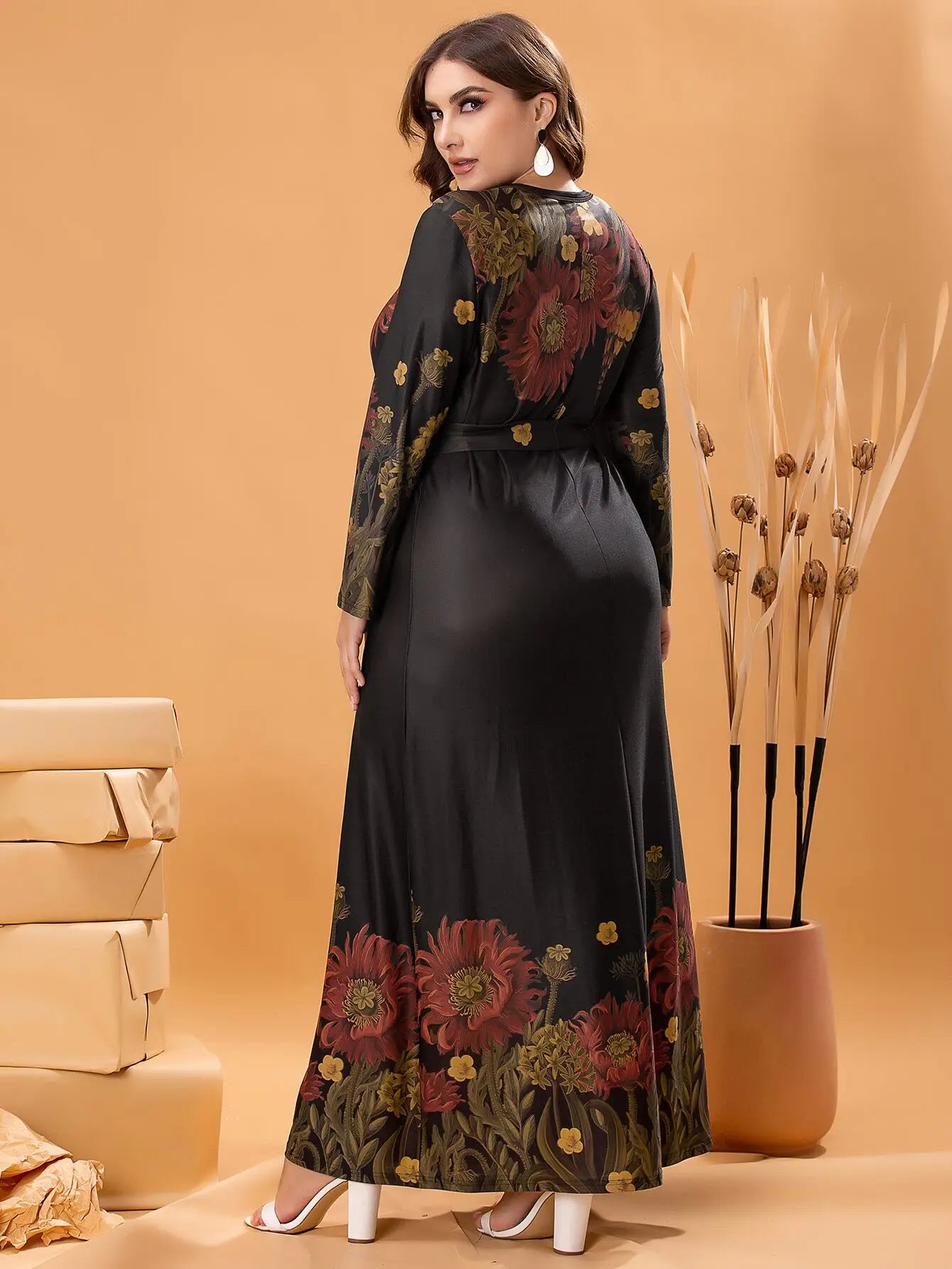 Autumn Winter Dress Long Sleeve 2023 Woman Floral Print Casual Long Dress Black Plus Size Women Clothing