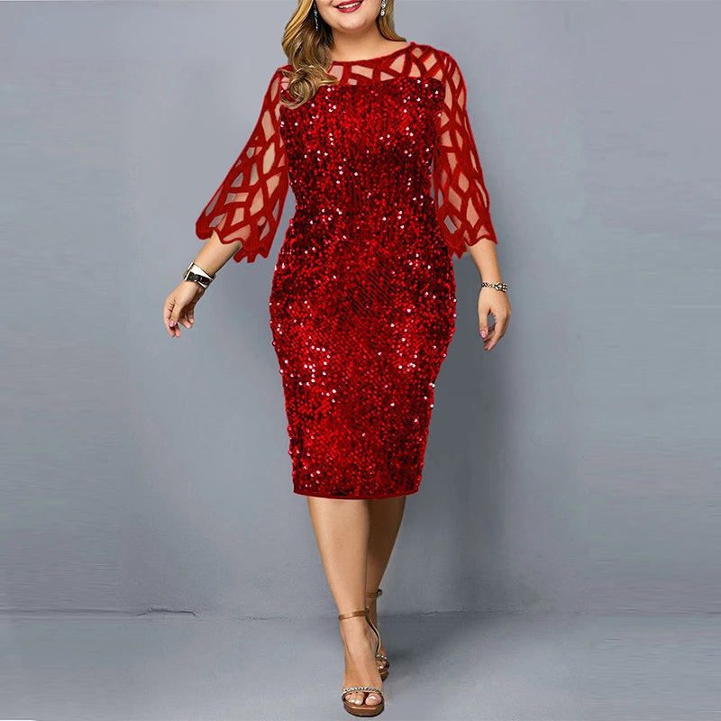 Elegant Sequin Plus Size 4XL 5XL Women Midi Dress Sexy Casual Evening Party Dresses Gown Wedding Luxury Robe Rouge Vestidos