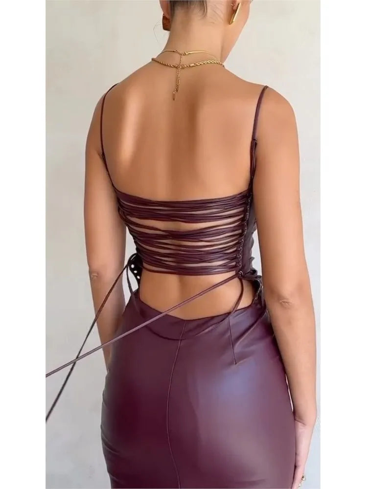 Vestido Midi de cuero sintético con espalda descubierta para mujer, elegante vestido Formal para fiesta de banquete, trajes de trajes de club nocturno de Navidad