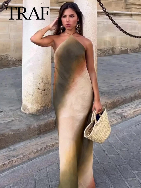 TRAF vestido elegante de verano para mujer, dobladillo de cola de pez, sin mangas, cintura alta, teñido anudado, cuello colgante, espalda abierta, vestido elegante por debajo de la rodilla para mujer