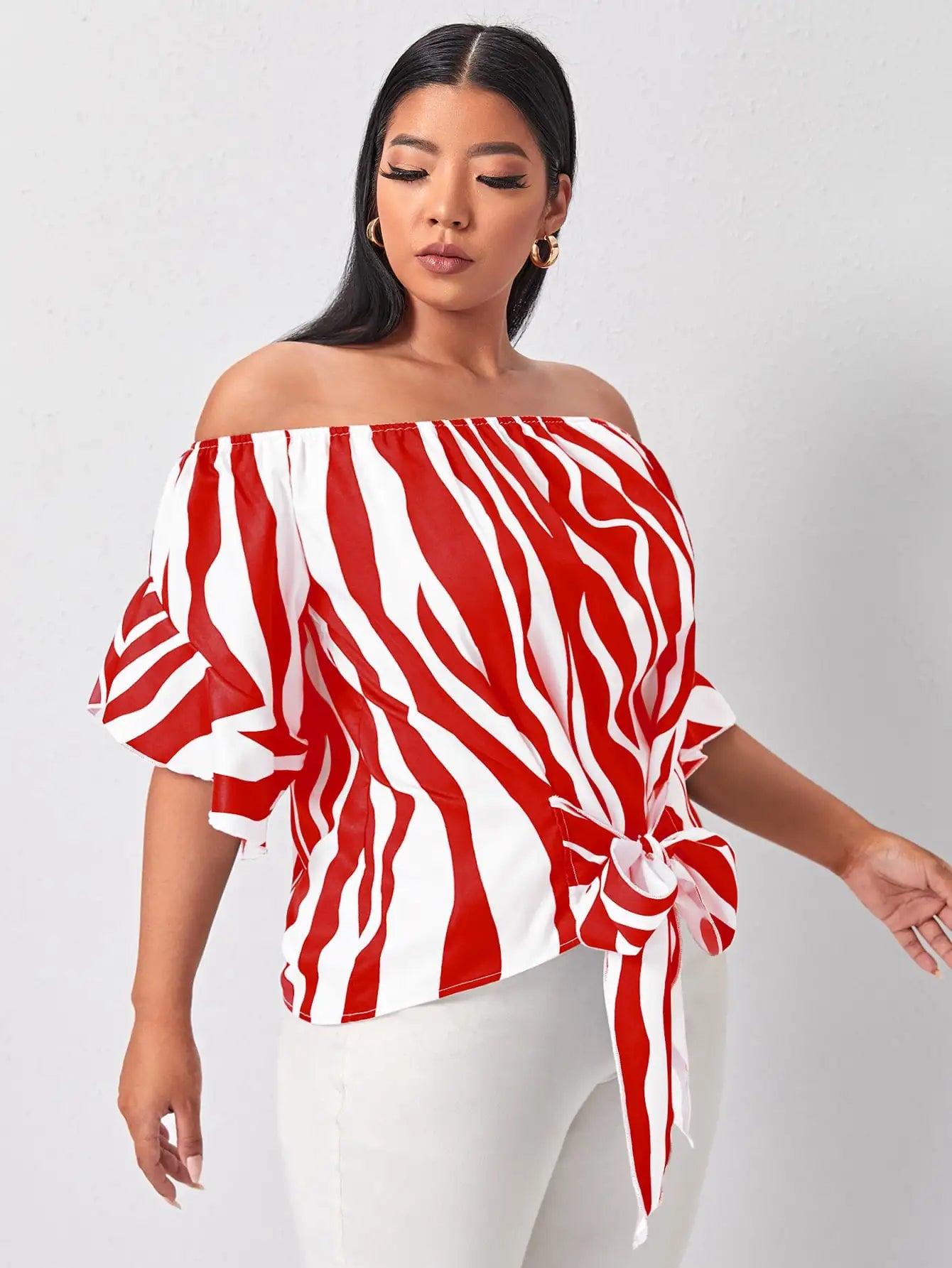 Finjani Red Panel Blouse Barrel Neck Bell Sleeves Striped Tops 2023 Loose Lace up Elegant Plus Size Women's Blouses