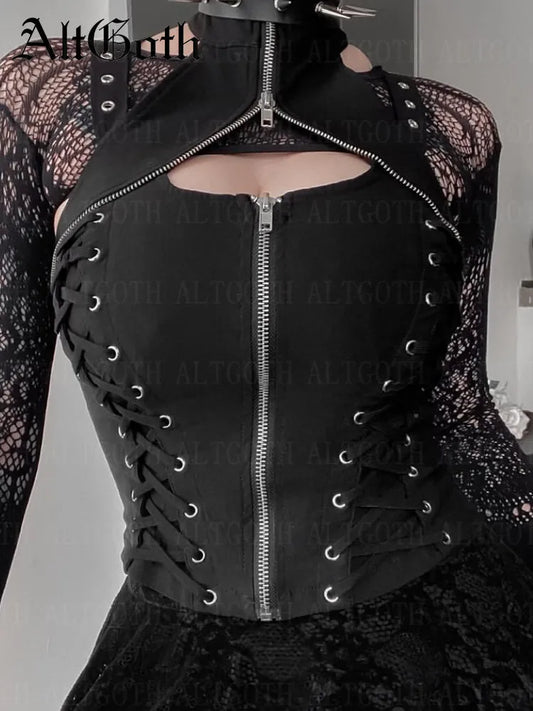 AltGoth – gilet à bandes gothique Vintage pour femmes, Harajuku Punk Grunge, Corset licou, Camis Emo Alternative Streetwear, tenue Rave