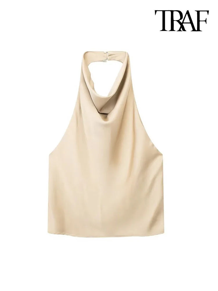 TRAF-camisetas sin mangas de satén con cuello Halter para Mujer, camisola Sexy con espalda descubierta y botón para Mujer