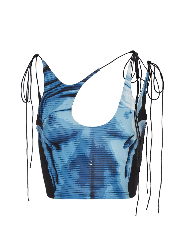 Mirlande Verano Primavera Mujeres Sexy Y2K Crop Tops Lace Up Body Print Hollow Out Verano Tie Dye Sin Mangas Cami Plunge Tank Top