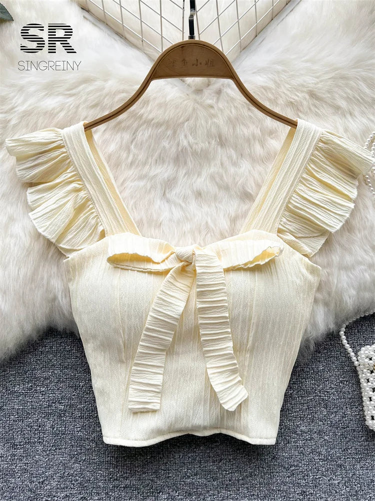 SINGREINY Summer Solid Ruffled Camis Women Square Neck Sleeveless Bow Elastic Waist Strap Top Ladies Sweet Korea Short Tank top