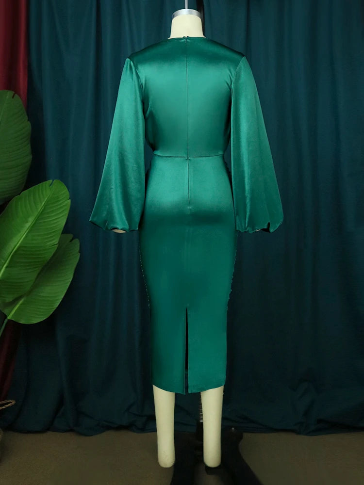 Long Sleeve Green Dresses Bodycon Elastic Satin Midi Dress Elegant plus Size Shiny Evening Christmas Party Church Outfits