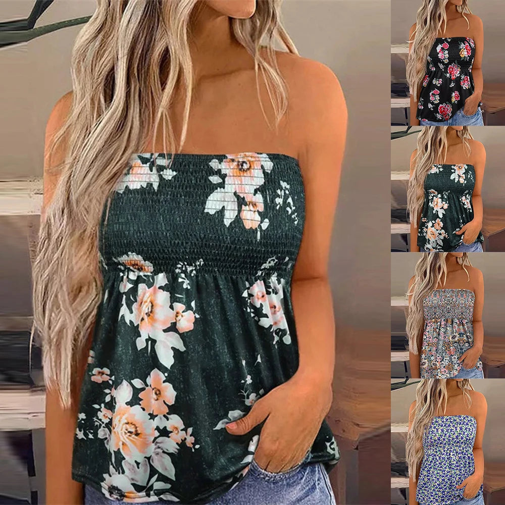 Plus Size Oversized Women Boho Boob Tube Tops Strapless T-Shirt Ladies Summer Holiday Beach Vest Tee Daily Clothing For Female