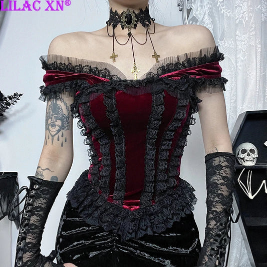 Goth – Corset Sexy en dentelle, épaules dénudées, débardeur pour femmes, Vintage, esthétique, noir, rouge, velours, dos nu, Camisole