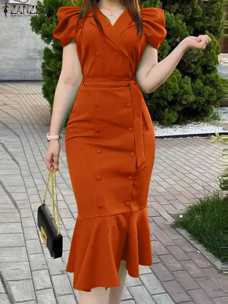 ZANZEA Summer Puff Sleeve Belted Midi Vestidos Elegant OL Mermaid Dress Women Fashion Slim Suit Dress Chic Notched Collar Robes