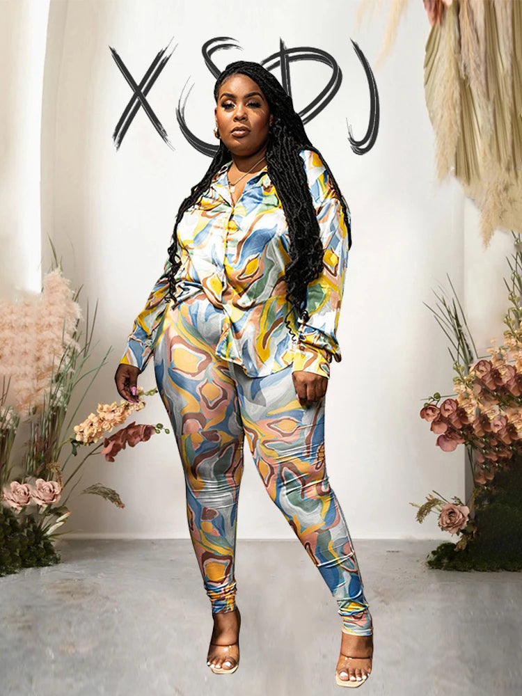 Plus Size Matching Sets Spring Print Shirt Top and Pants Two Piece Set for Women Streetwear Fashion Suit Wholesale Dropshipping