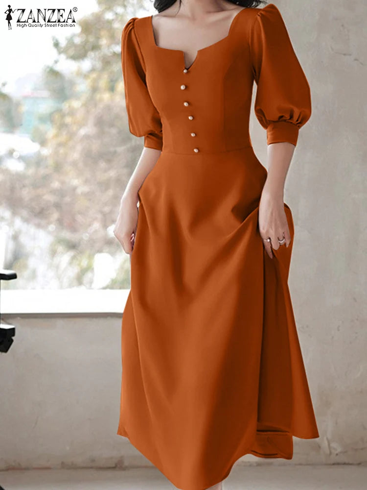 ZANZEA Korean Square Neck Robes Women Elegant Long Dress Vintage Half Sleeve Vestidos Casual Buttons Waisted Party Midi Dresses