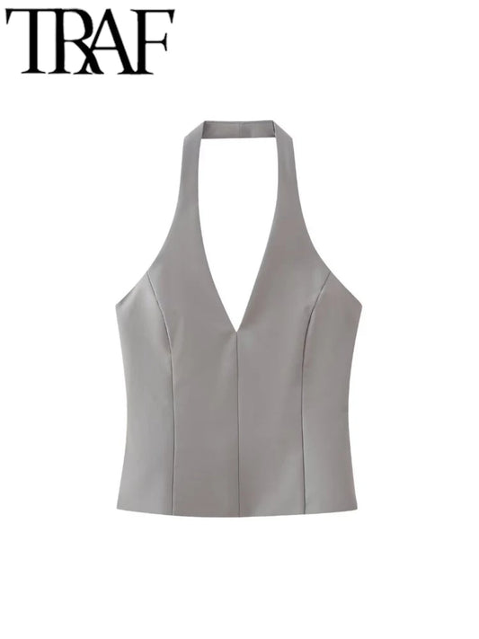 TRAF GAL 2024 moda de verano para mujer, camiseta gris de retales lateral ajustada, cuello en V, sin mangas, espalda descubierta, Top corto de cuello Halter para mujer, camisetas sin mangas Y2K