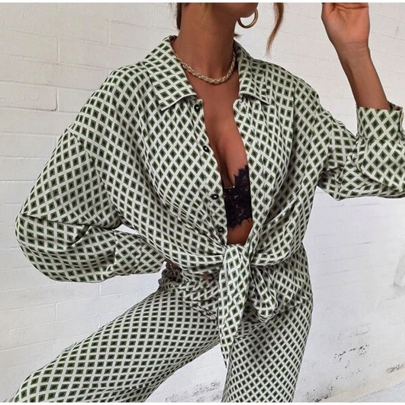 2022 Cross border Hot Edition Street Trendy Print Trouser Set Long Sleeve Full Screen Print Off Shoulder Shirt Set