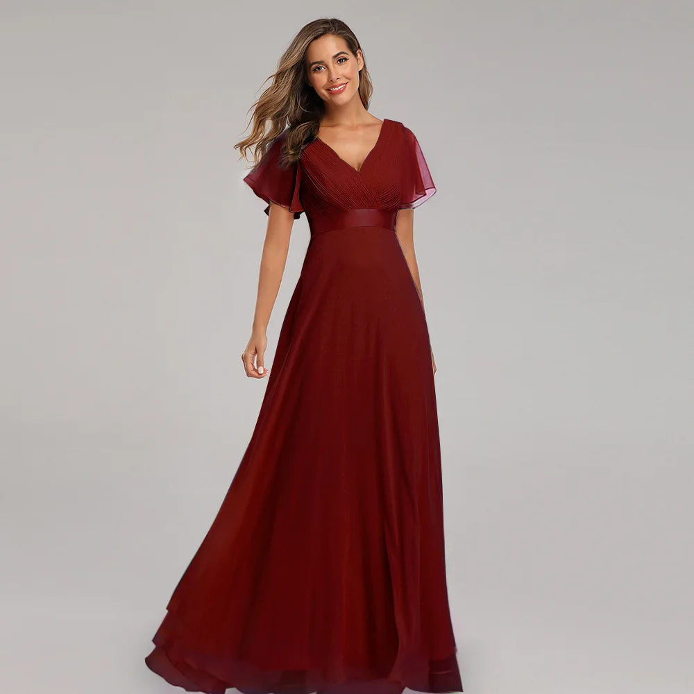 ICCLEK nouveau Style femmes col en v en mousseline de soie robe de soirée de mariage longue robe élégante fête robes rouges pour les femmes 2023 grande taille