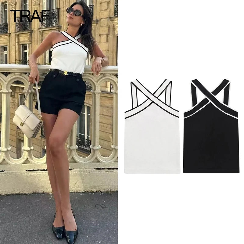 TRAF 2023 Woman Off shoulder Halter neck Knitted Top Women Black White Knit Crop Top Summer Sleeveless Backless Tank top Cami