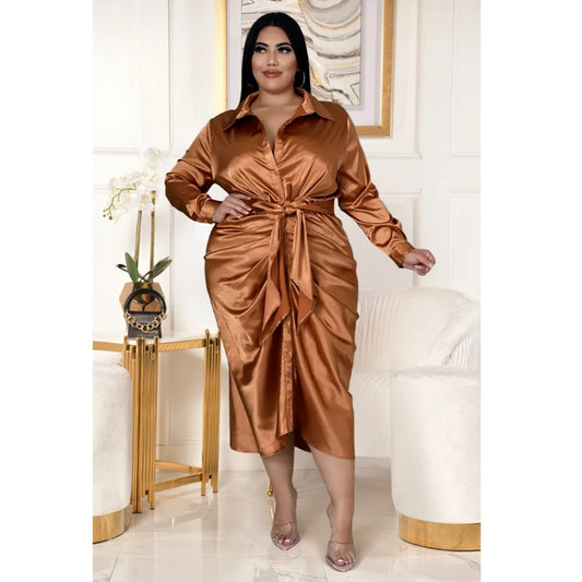 Elegant Satin Plus Size Women Shirt Dress Sexy Ruched Long Sleeve Lace Up Evening Party Midi Drerss Vestido Africano Feminino