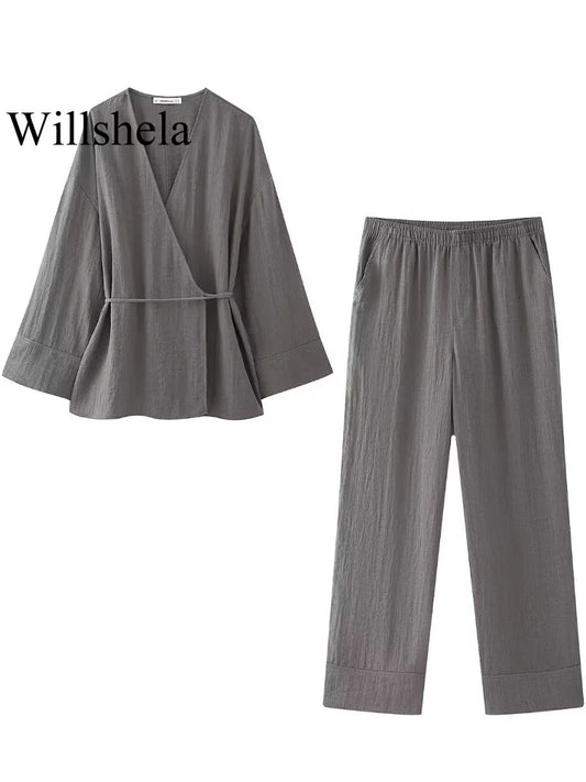 Willshela, conjunto de dos piezas a la moda para mujer, abrigos holgados con cordones grises y pantalones Vintage de cintura alta elástica, conjuntos de pantalones elegantes para mujer