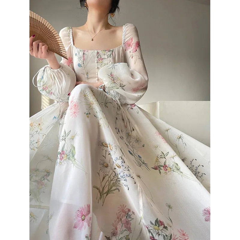 2023 Summer Korean Style Floral Evening Party Dresses Chiffon Long Sleeve Beach Midi Fairy Dress Vestidos De Ocasion Formales