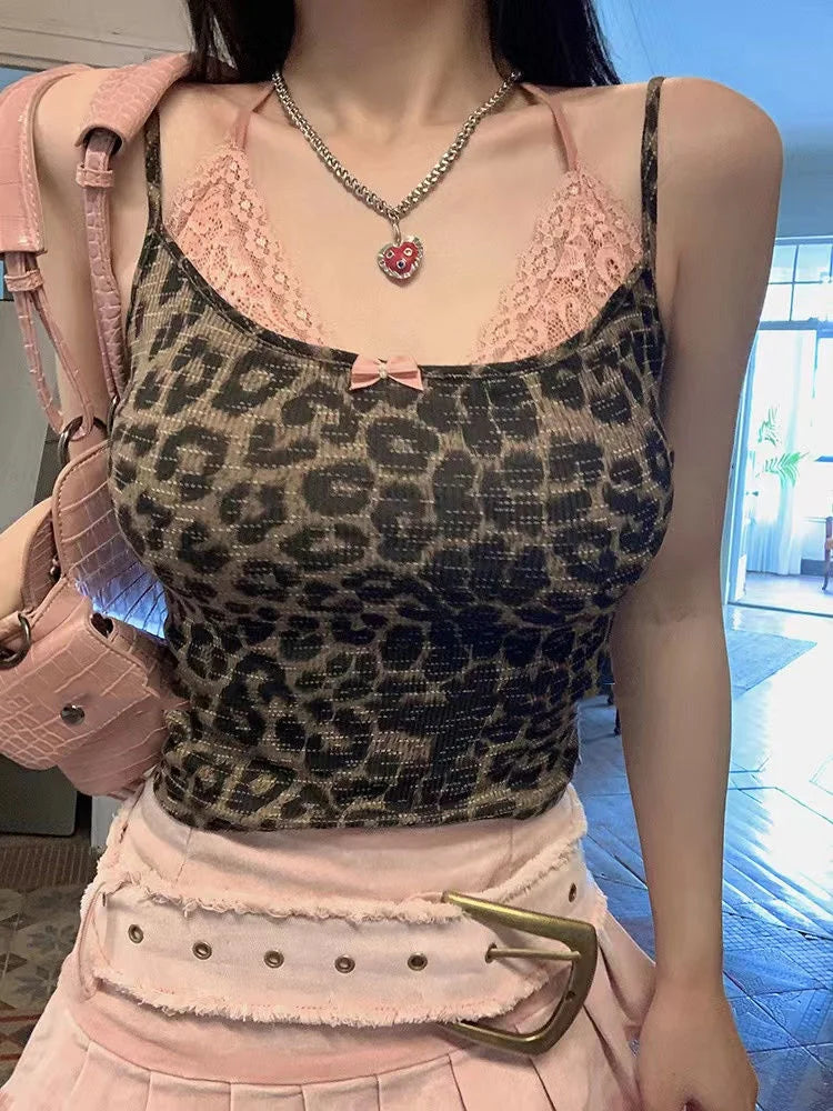 Korobov Fake Two Pieces Y2k Tops Lace Splicing Leopard-print Halter Tank Top Woman Slim Woman New Vest Fashion Ropa De Mujer