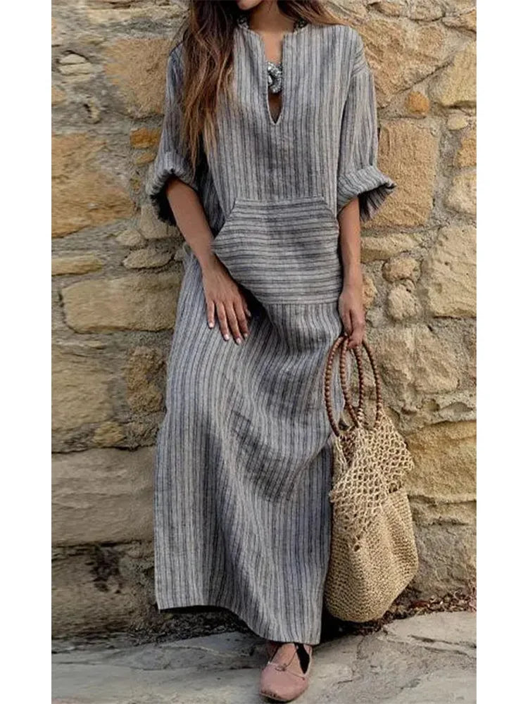 2023 Summer New Solid Color Fashion Simple Loose V-neck Split Long Skirt Loose Cotton Linen Long Sleeve Dress Plus Size