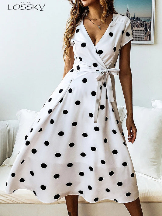 Lossky Summer Women Vintage Long Dress Casual Polka Dot Print Party Short Sleeve Dresses Sexy V-neck Fashion Woman Clothes