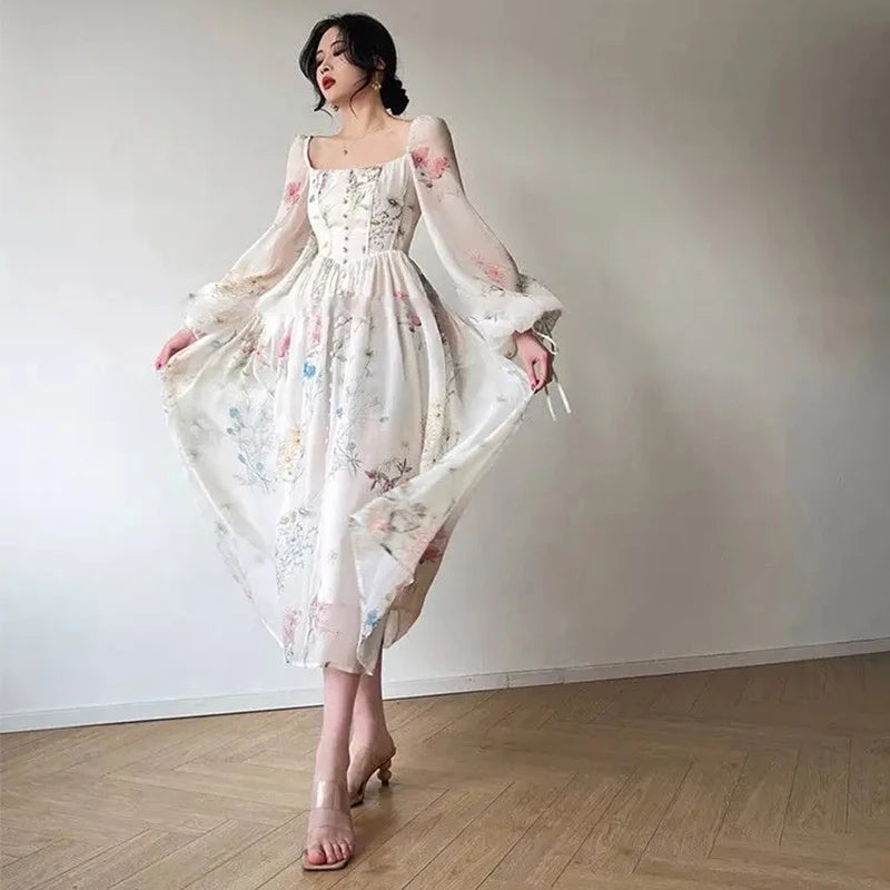 2023 Summer Korean Style Floral Evening Party Dresses Chiffon Long Sleeve Beach Midi Fairy Dress Vestidos De Ocasion Formales