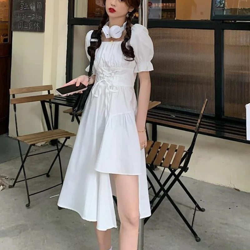 HOUZHOU Women's White Dress Summer Elegant Vintage Kawaii Puff Sleeve Midi Dress Square Collar Bandage Sundress Goth Outfits