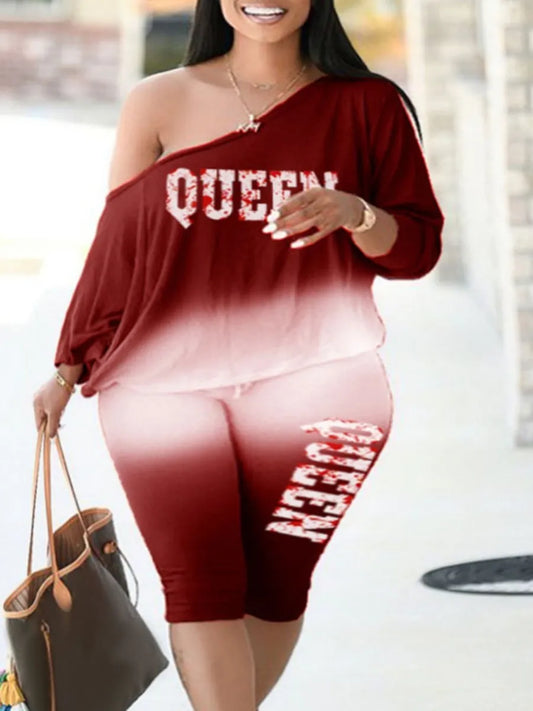 LW Grande Taille Reine Rose Dégradé Lettre Imprimé Pantalon Ensemble Une Épaule T-shirt Et Gaine Stretch Pantalon Tenues Assorties Pour Les Femmes