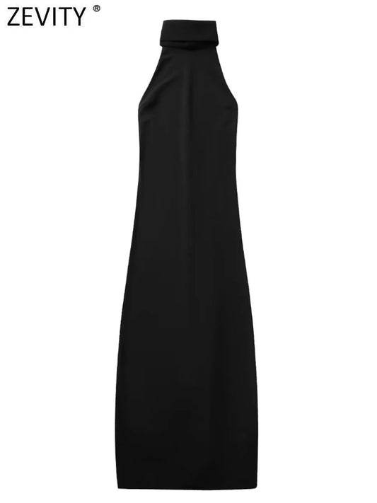 Zevity 2023 Women Fashion High Collar Sleeveless Black Slim Halter Midi Dress Female Chic Backless Zipper Party Vestidos DS5373