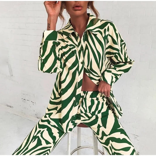 2022 Cross border Hot Edition Street Trendy Print Trouser Set Long Sleeve Full Screen Print Off Shoulder Shirt Set